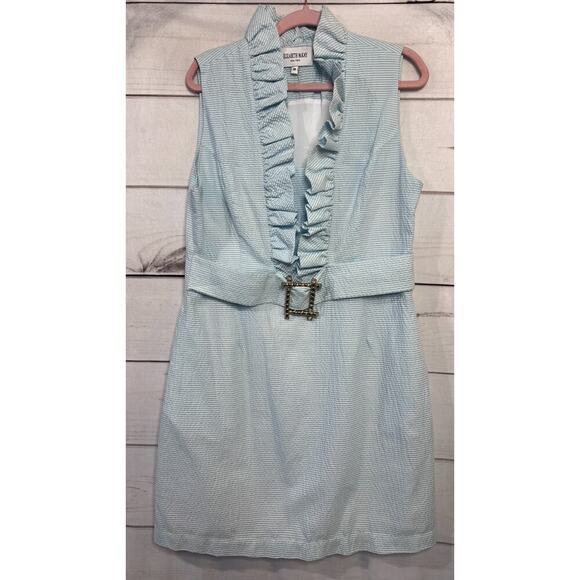 Elizabeth McKay Size 14 Blue Seersucker Dress W/ Gold Bamboo Belt Detail Classy - Picture 1 of 5
